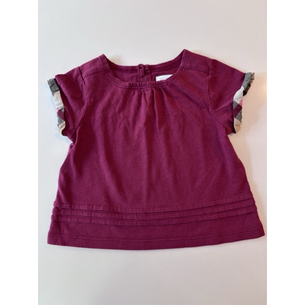 BURBERRY Baby Girl Short Sleeve Top Plaid Check Trim Luxury Classic Prep Sz 6 Mo